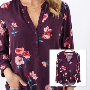 Old Navy Floral Tunic Blouse Womens L Boho Long Sleeve Purple Flow Top